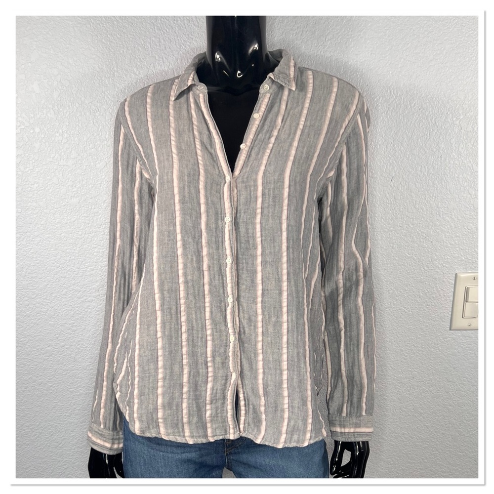 XiRENA Gray Pale Pink & White Vertical-Stripe Button-Up Gauzy Shirt Sz S Cotton